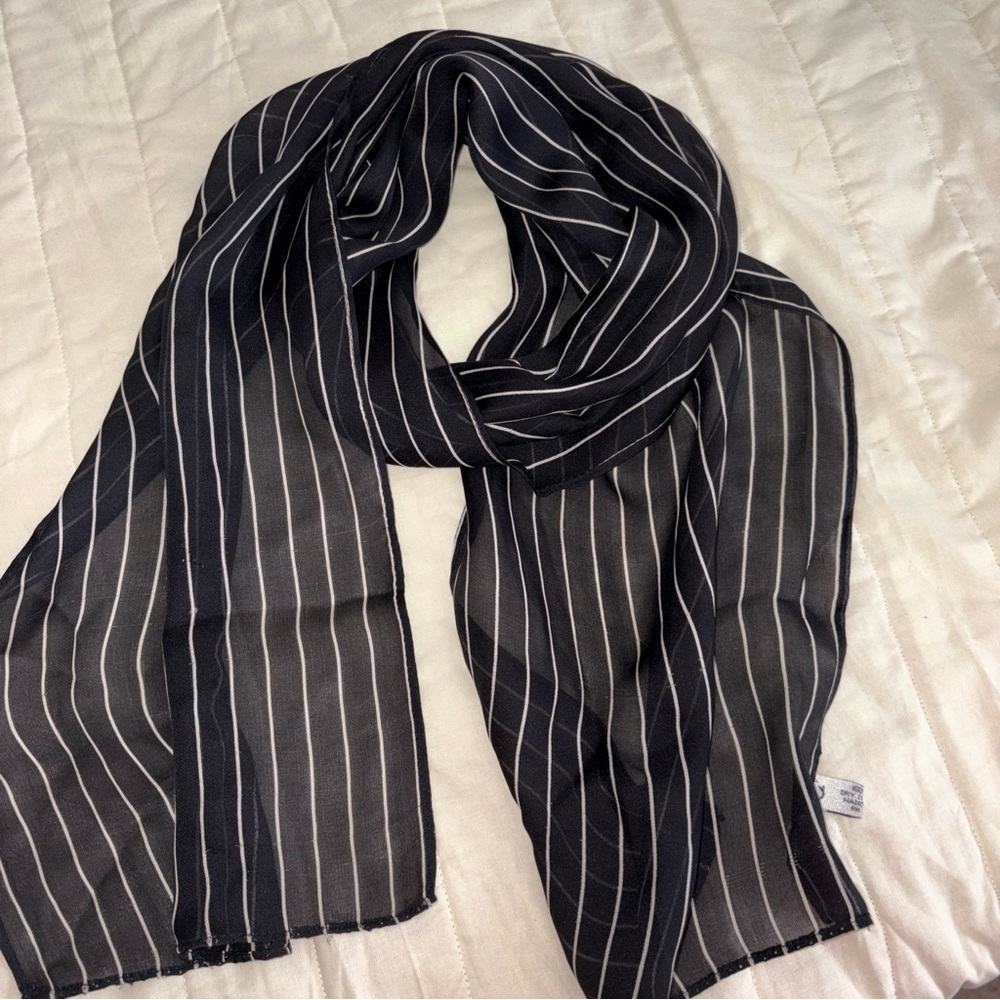 Black and White Pin Stripe Silk Scarf Women's, 10” X 56” , RN26128